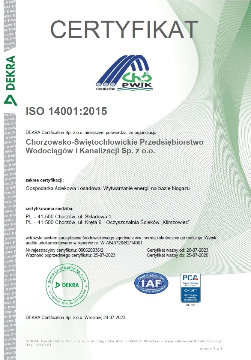 Certyfikat ISO 14001:2015 - zdjęcie niedostępne dla niewidzących