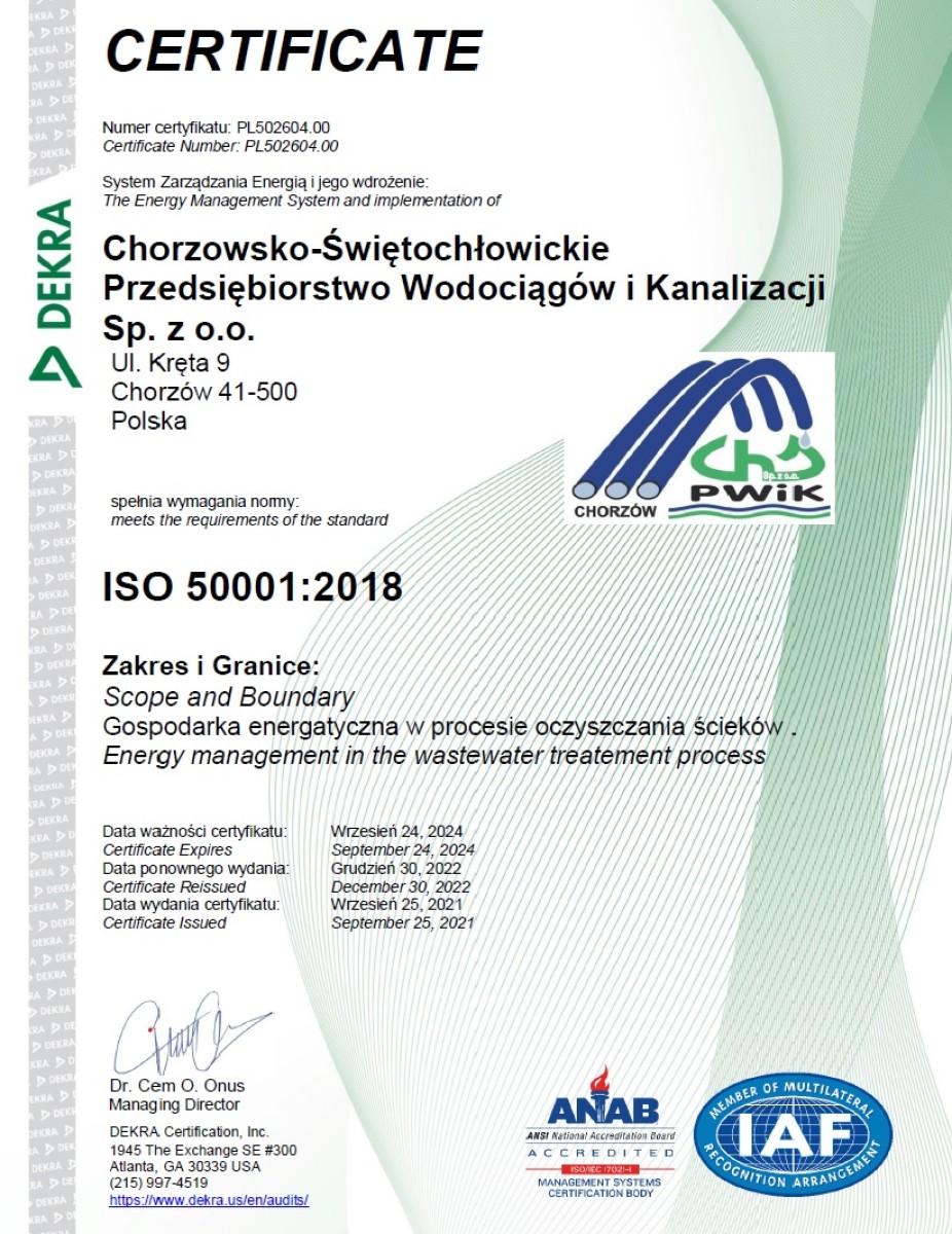 Certyfikat ISO 50001 - zdjęcie niedostępne dla niewidzących
